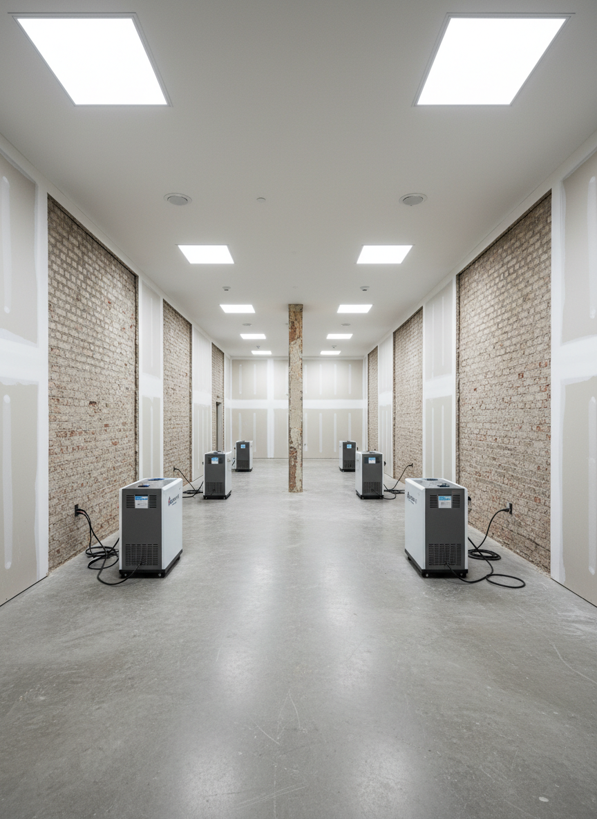 A flood-damaged ground-floor space in the process of professional restoration, shown in a precise, orderly state rather than chaos. The lower portion of the walls has been carefully stripped, revealing straight, clean cut lines where saturated plaster was removed, exposing masonry ready for drying and treatment. Industrial dehumidifiers and air movers with sleek, neutral casings are positioned symmetrically along the walls, their power cables neatly routed. The concrete floor is bare but scrubbed, with subtle traces of former water lines visible on distant columns. Cool, even illumination from overhead LED work lights creates minimal, controlled shadows and a clear, clinical atmosphere. Photographed at eye level with balanced, wide framing and sharp focus, the image conveys structured, turnkey post-disaster rehabilitation. The overall aesthetic is photographic, clean, and corporate, emphasizing control, process, and reassurance after damage.