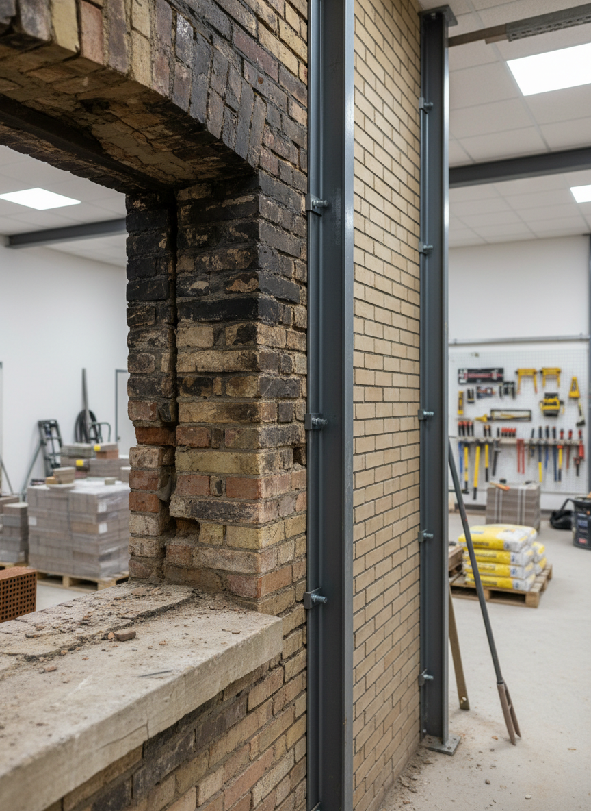 A detailed close-up of a damaged masonry wall undergoing expert structural rehabilitation. On the left, cracked, soot-stained bricks and a slightly deformed lintel reveal past fire damage, while on the right, new load-bearing steel reinforcement profiles and freshly laid, color-matched bricks are precisely aligned. The wall stands in a cleared, tidy construction area with neatly stacked materials and organized tools blurred in the distance. Neutral, diffused workshop lighting from overhead LED panels casts soft, controlled shadows, revealing the texture of brick, mortar, and steel without drama. The mood is technical, precise, and reassuring, highlighting careful restoration. Captured at eye level with a moderate depth of field that keeps the intervention area in tack-sharp focus and gently softens the background, the photographic realism and minimalist framing underline a professional, engineering-driven renovation approach.