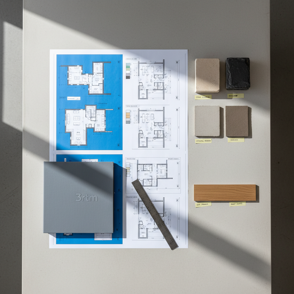 An overhead view of a large architectural desk displaying a complete renovation project for an existing building. Detailed floor plans, technical sections, and phased rehabilitation diagrams are neatly arranged on a smooth, light concrete surface. High-quality material samples—neutral stone, soft grey render, warm oak veneer, and slate roofing tiles—are aligned with labeled sticky notes and a precise metal scale ruler. A closed, slate-grey binder embossed subtly with “3rtm” lies to one side, suggesting turnkey project management. Diffused daylight from an unseen window creates soft, linear shadows from the ruler and samples, reinforcing the structured order of the layout. The mood is methodical, corporate, and reassuring. Shot from a true top-down perspective with sharp focus and clean photographic realism, the composition emphasizes clarity, organization, and a comprehensive, end-to-end renovation approach.