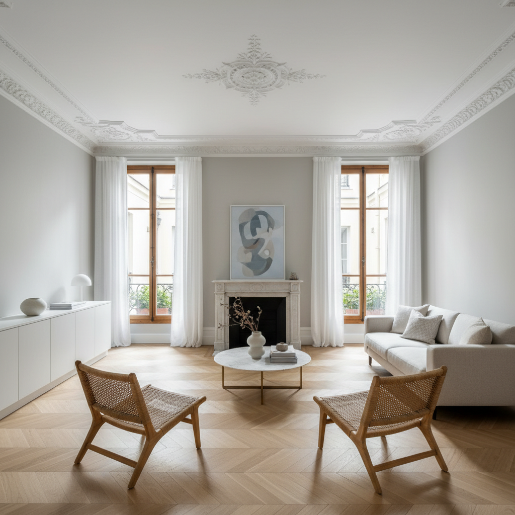 A serene, fully renovated apartment living room within a historic building, showcasing respectful restoration and modern comfort. Original ceiling moldings and a refurbished, matte-white fireplace surround contrast with smooth, light-grey walls and a uniform, pale oak parquet laid in a herringbone pattern. Large French windows with restored casings and new, discreet hardware open onto a quiet inner courtyard, framed by sheer white curtains. Soft afternoon natural light floods the space, creating subtle highlights on the parquet and gentle shadows under clean-lined, built-in storage units. The mood is calm, orderly, and high-end, evoking turnkey project completion. Framed with a wide, eye-level composition that emphasizes symmetry and balanced negative space, the image uses photographic realism and a restrained, neutral palette to communicate professional, comprehensive renovation expertise.