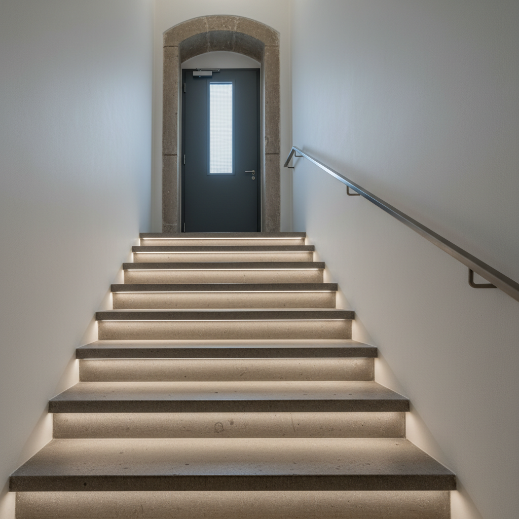 A carefully restored stairwell in an old city building, combining preserved character and contemporary safety standards. The original stone steps, now cleaned and honed, show subtle, historic wear while a new, minimalist brushed-steel handrail runs in a perfectly straight line along a smooth, off-white wall. Discreet LED strip lighting is integrated under each step’s nosing, casting soft, even glows that create rhythmic, horizontal highlights without glare. At the landing, a newly installed fire-rated door with a simple, dark-grey finish and narrow vision panel fits seamlessly into the historic envelope. The atmosphere is calm, safe, and highly controlled. Captured from a slightly low, upward angle, the composition accentuates vertical progression and clean lines. The photographic realism, neutral tones, and uncluttered framing reinforce a professional, technically competent approach to rehabilitation and code-compliant renovation.
