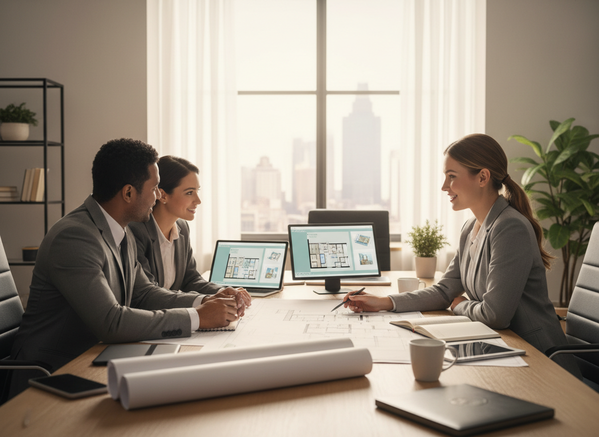 Illustration professionnelle montrant un chef de projet en réunion avec des clients autour de plans de rénovation, ambiance lumineuse, tons neutres, style photo réaliste corporate