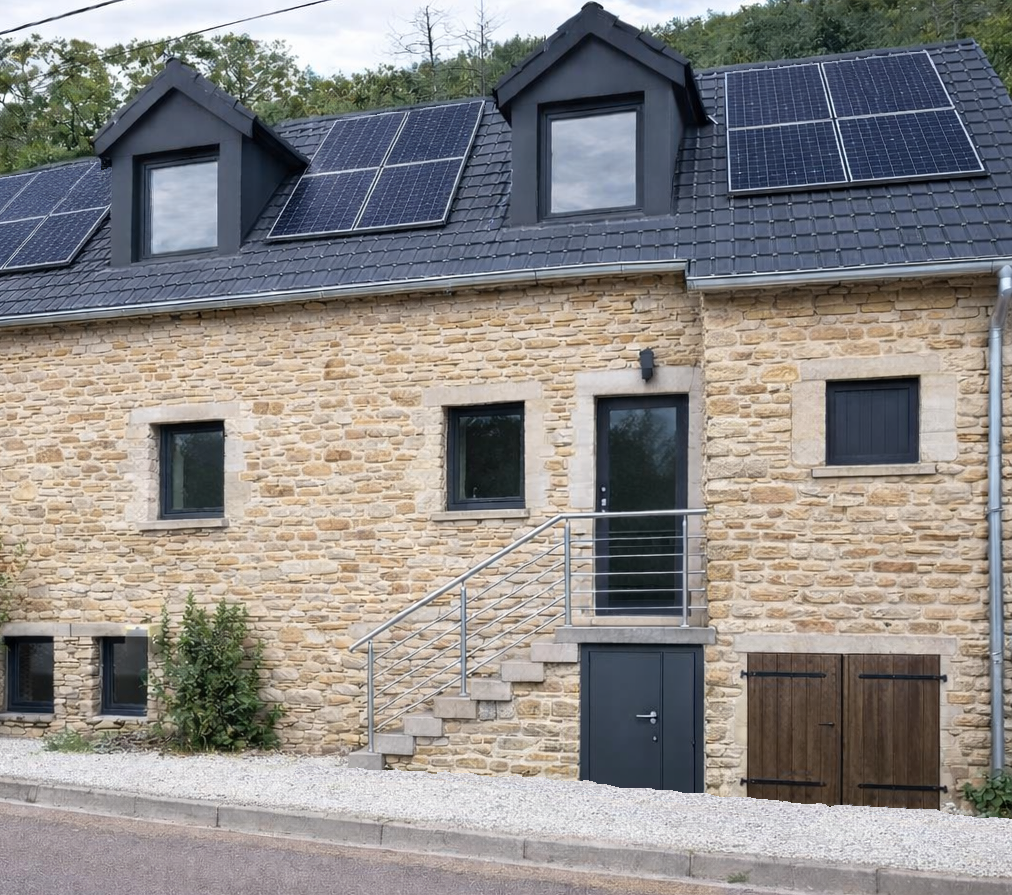 La maison en pierre avec des panneaux solaires.